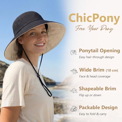 TOP-EX ChicPony Women's UPF 50+ Cotton Linen Wide Brim Sun Hat - color: Black, size: Medium