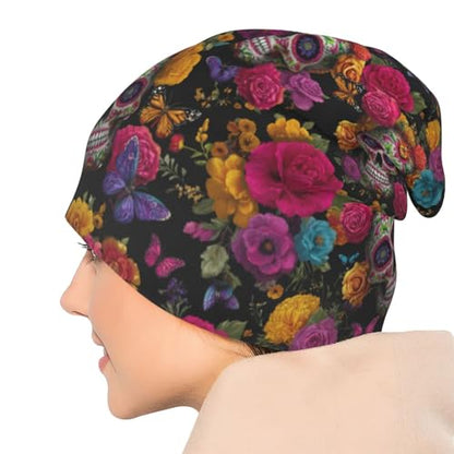 Slouchy Beanie Hat Skull Cap Chemo Headwear Baggy Hats for Men Women Running Cycling - color: Mexican Skull Flowers