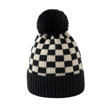 Unisex Classic Checkered Beanie Cuffed Winter Warm Knitted Plaid Hat with Pompom - color: Black Khaki