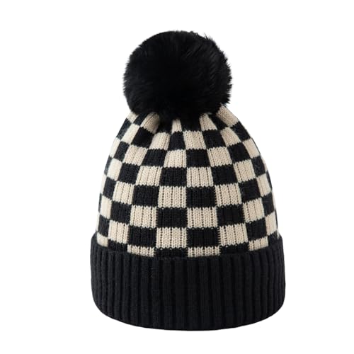 Unisex Classic Checkered Beanie Cuffed Winter Warm Knitted Plaid Hat with Pompom - color: Black Khaki