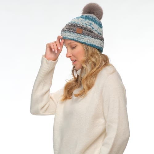 C.C Multi Color Space Dye Wool Stretchable Soft Warm Pom Beanie with Faux Fur Pom Knit Winter Skully Hat. - color: Grey Combo