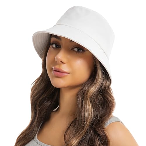 Wheebo Solid Color Bucket Hat for Women Summer Beach Fishmen Hat for Lady Adult Unisex Cotton Cap…… - color: A-sc-white