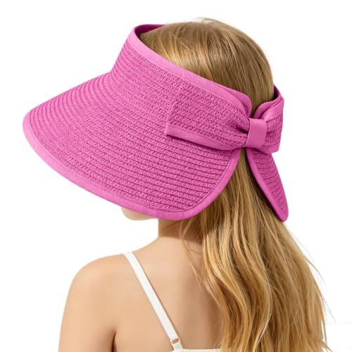 ZOORON Girls Straw Sun Visor Hat, Wide Brim Ponytail Beach Hat with Bow - color: Rose Red