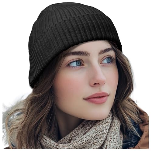 Croogo Knit Beanie Hat Fisherman Ski Caps Fall Winter Warm Knitted Ribbed Cuffed Skull Cap Slouchy Toboggan Cap for Men Women - color: Kh43-black