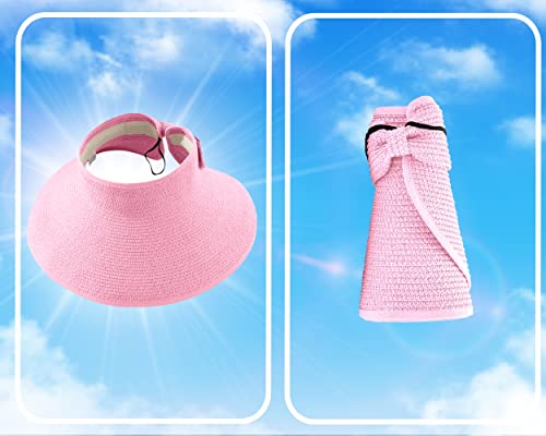 Straw Sun Visor for Women, Wide Brim UPF 50+ Protection Beach Hat, Adjustable, Roll Up Foldable Ponytail Cap with Chin Strap - color: Light Pink