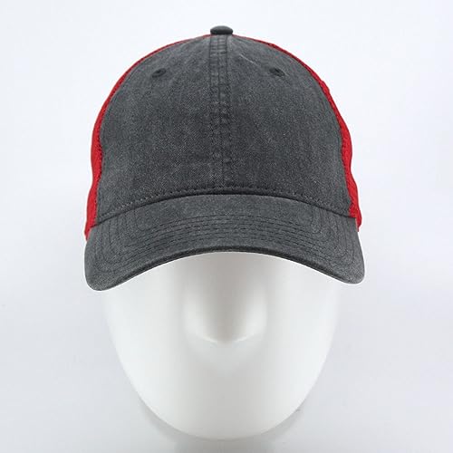 Vintage Washed Cotton Soft Mesh Adjustable Baseball Cap - color: Charcoal/Charcoal/Red