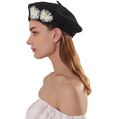 Straw Beret Summer French Beret Hats for Women Artist Crochet Beret - color: Black Flower