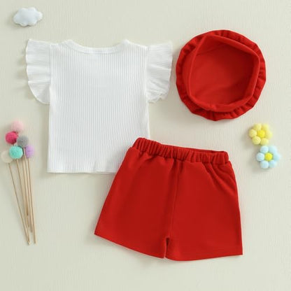 Baby Girls Fly Sleeve 3D Bow Rib Knit Shirt + Irregular Skorts + Beret Hat - color: Red, size: 9-12 Months