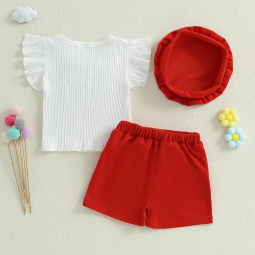 Baby Girls Fly Sleeve 3D Bow Rib Knit Shirt + Irregular Skorts + Beret Hat - color: Red, size: 18-24 Months