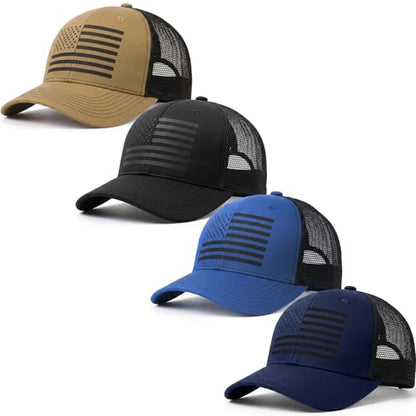 Hercicy 4 Pcs American Flag Trucker Hats, Adjustable Hats - color: Navy Blue, Blue, Black, Khaki
