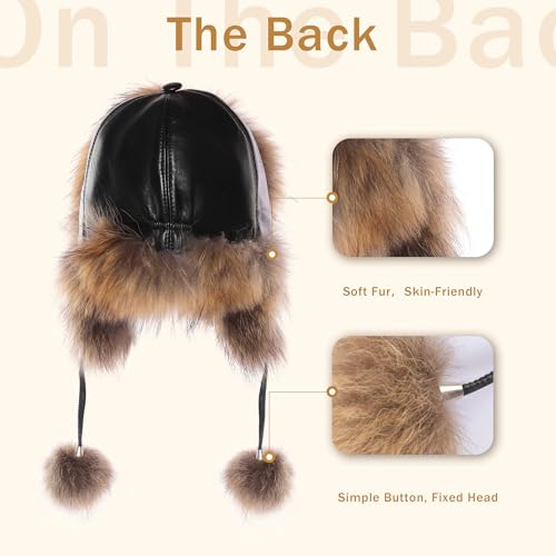 Women Real Fur Trapper Hat Sheepskin Leather Aviator Hat Ear Flaps Ushanka Hat Snow Hat with Pom Pom - color: Raccoon