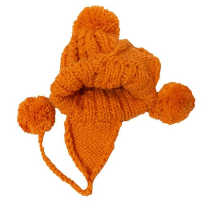Women Winter Crochet Hat Cable Knit Beanie Ski Ear Flaps Pom Cap - color: Orange