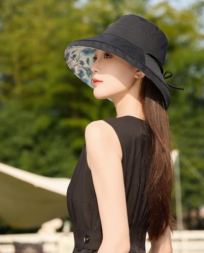 HUAMULAN Women Wide Brim Reversible Sun Hat Summer Beach Fishing Bucket - color: Black Floral