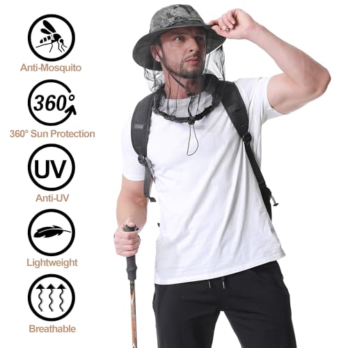 Mosquito Head Net Hat UPF 50+ Sun Protection Bug Hat for Men Women - color: Military Green Camouflage
