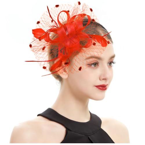 Women's Fascinator Feather Flower Hir clip & Corsage Dual-use Bridal Headpiece Hair Accessories Cocktail Party Wedding - color: Red