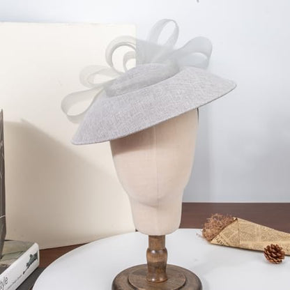 Elegant Wide Brim Fascinator Hat for Women, Detachable Headband & Clip - color: Gray