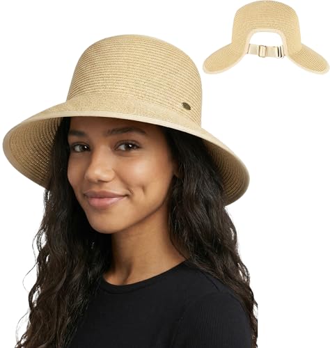 Funky Junque Wide Brim Panama Sun Hat, Womens Packable Straw - color: Split Back Ponytail - Beige Mix