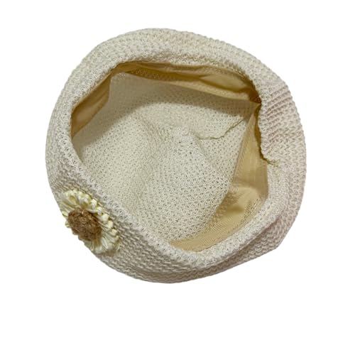 Women Summer French Beret Lady Slouchy Crochet Beret Hats 3D Flower Artist Painters Woven Beach Beanie Cap - color: White+beige