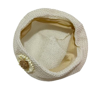 Women Summer French Beret Lady Slouchy Crochet Beret Hats 3D Flower Artist Painters Woven Beach Beanie Cap - color: White+beige