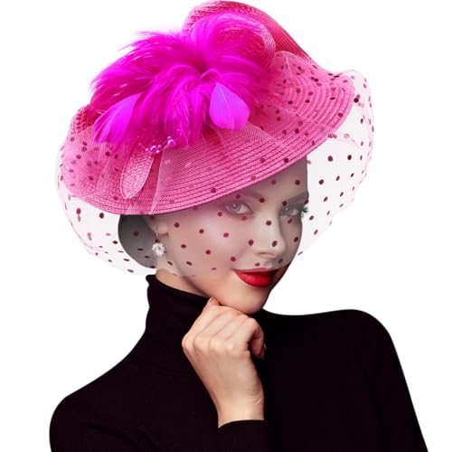 DRESHOW Fascinators Hat Flower Mesh Feathers Hat with a Headband and a Clip 7.9" Tea Party Headwear for Women - color: Folded Style 1: Rose Red / 7.9"