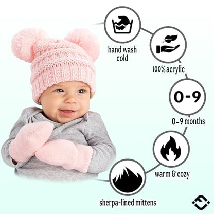 Funky Junque Baby Double Faux Fur Pom Pom Beanie & Mittens Set – Newborn Infant 0–9 Months Winter Hat with Soft Lined Mittens - color: Pale Pink (0-9 Months)