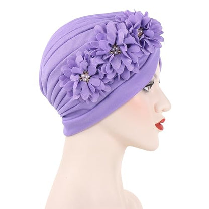 Flower Pre-Tied Turban Beanie, Soft Chemo Cap for Women Cancer Hair Loss - color: Light Purple
