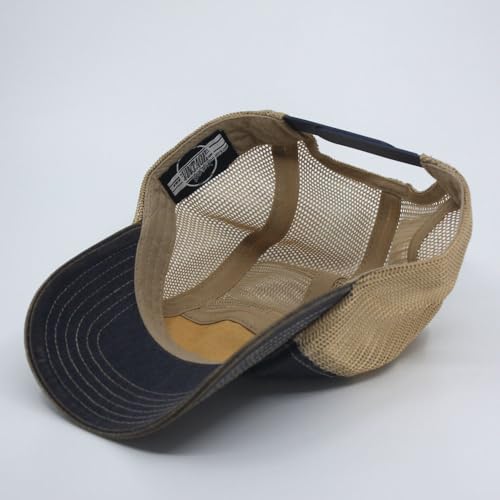 Washed Cotton Twill Five Panel Adjustable Camper Caps - color: Dirty Wash Navy/Khaki Mesh