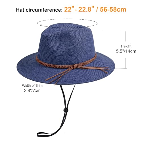 DRESHOW Women Straw Panama Hat Travel Fedora Beach Sun Hat Summer Wide Brim Straw Roll up Hat UPF 50+ - color: Straw Hat With Braided Band: Navy