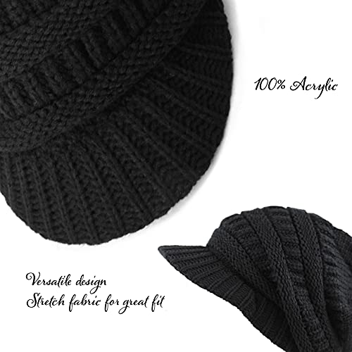 The Hat Depot - Visor Beanie Unisex Winter Knit Skull Beanie with Brim Hat - color: 1. Black