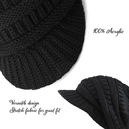 The Hat Depot - Visor Beanie Unisex Winter Knit Skull Beanie with Brim Hat - color: 1. Black