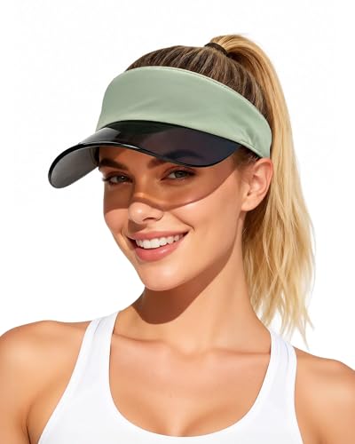 Transparent Sun Visor Hat for Women Men - UPF 50+ Clear Brim Adjustable Drawstring for Golf Tennis Pickleball - color: Sage Green