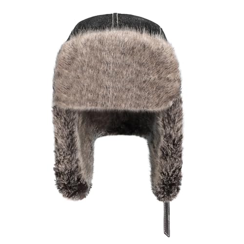 Men Trapper Hat Faux Leather Fur Winter Earflap Russian Trooper Ushanka Hat Women Fluffy Warm Soft Aviator Cossack Skiing Cap - color: Black