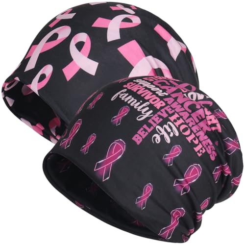 Jemis Sweet Heartwarming Breast Cancer Beanie Hat, Romantic Knitted Hat, Cancer Headwear Caps Baggy Skull Sleep Scarf - color: 2 Pack Black & Red