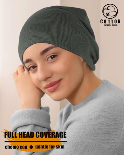 Thin 100% Cotton Fine-Knit Beanie Hat Slouchy Soft Chemo Skull Cap - color: 1-grayish Green