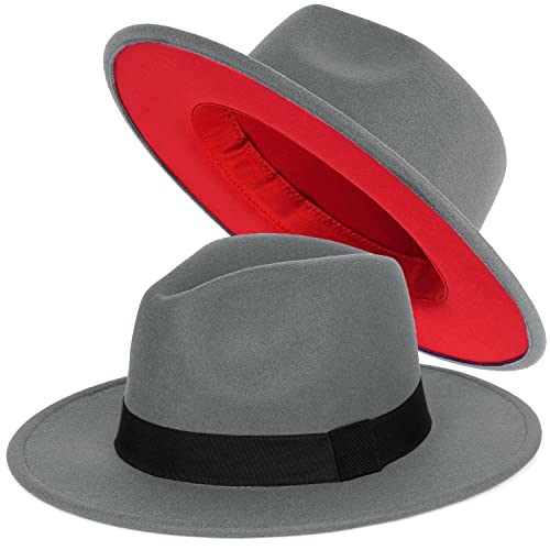 Trendy Fedora Hats for Men & Women Wide Brim Felt Hat Dress Panama Hat Two Tone Fedora - color: A Grey-red, size: Large-X-Large