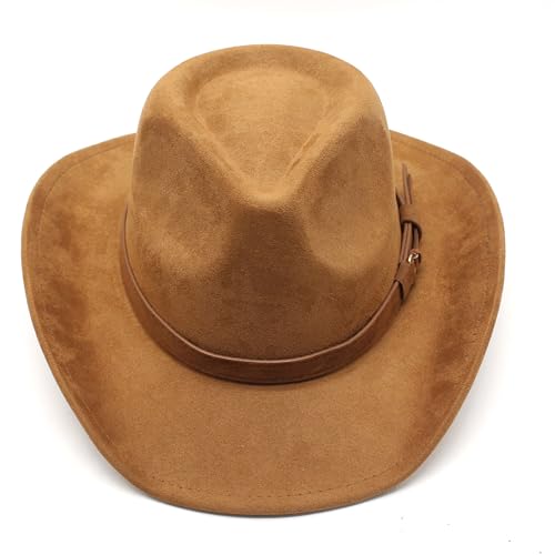 Unisex Western Suede Cowboy Cowgirl Hat Classic Wide Brim Fedora Hat for Men &Women - color: Khaki