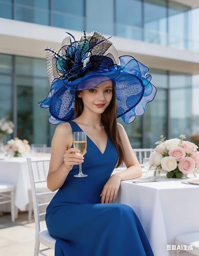 Organza Church Derby Hats for Women Wedding Tea Party Fascinator Floral Wide Brim Sun Hat - color: Style07 Royal Blue Black
