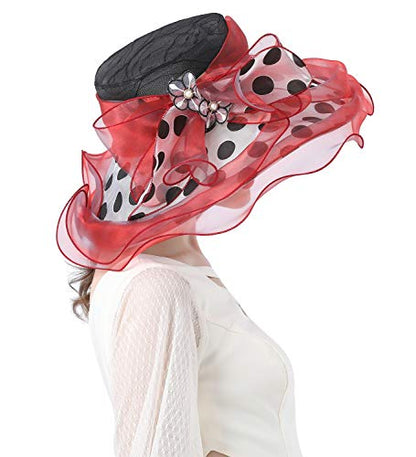 Z&X Organza Church Fascinator Wedding Tea Party Derby Hats for Women Flower Wide Brim Sun Hats - color: 05a Red