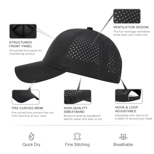 FEINION Men Laser Mesh Breathable Snapback Baseball Cap - color: Black