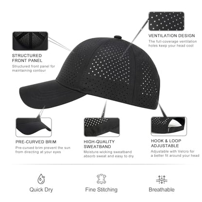 FEINION Men Laser Mesh Breathable Snapback Baseball Cap - color: Black