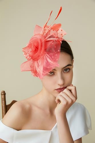 BABEYOND Fascinators Hats for Women Tea Party Flower Tulle Bead Derby Hat - color: Watermelon Red
