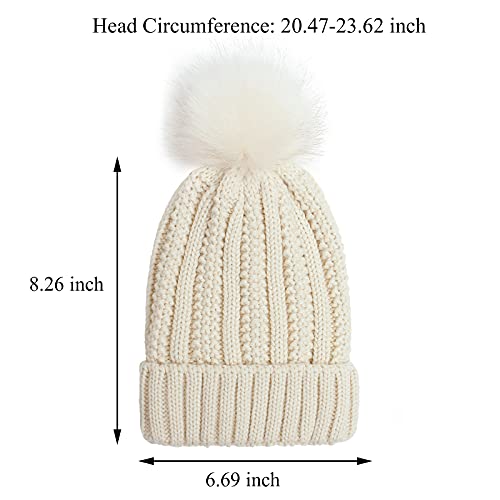 Muryobao Womens Satin Lined Beanie Hat with Faux Fur Pom Cuffed Winter Warm Knit Skull Cap - color: Beige