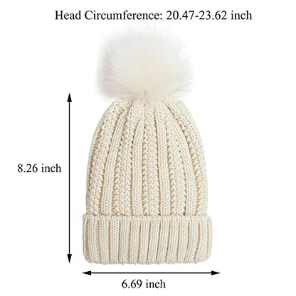 Muryobao Womens Satin Lined Beanie Hat with Faux Fur Pom Cuffed Winter Warm Knit Skull Cap - color: Beige
