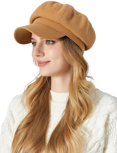 FEOYA Women Newsboy Hat Plaid Cabbie Caps Cotton Casual Stylish Beret Cap Paperboy Hats - color: Solid-khaki