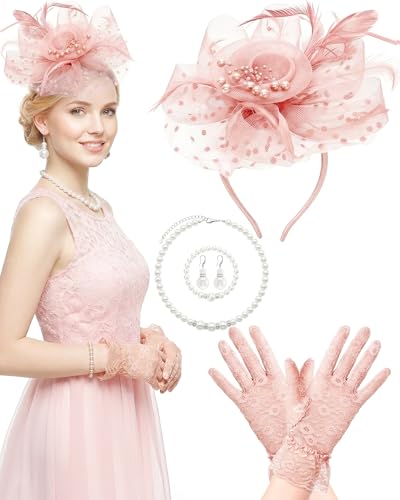 Fascinators Hat for Women Tea Party Fascinator Headband with Gloves Tea Party Accessories for Ladies - color: Blush Pink