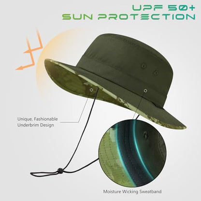 UPF 50+ Foldable Sun Hat Patterned Under Brim Bucket Hats for Summer Hiking Fishing Beach Safari Men Women - color: Army Green, size: Medium