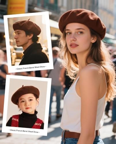 Wool French Beret Hats for Women Classic Winter Beanie Cap - color: Brown