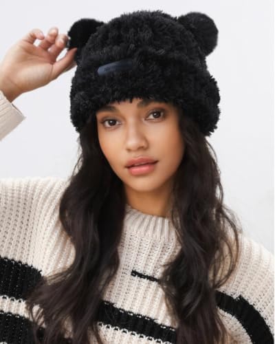 Cute Fuzzy Bear Ears Beanie Hat with Pompom Women's Furry Beanie - color: Black