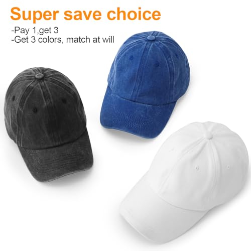 MEINICY 3 Packs Washed-Cotton Plain Baseball Cap, Adjustable Dad Hat - color: Black + White + Royal Blue