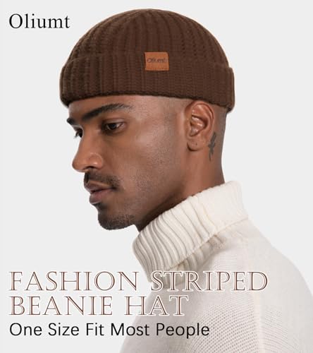 Fisherman Short Beanie Hats for Men, Knit Skull Cap Cuff Trawler Hat Mens Stylish Watch Cap Winter Warm Hat for Daily Wear - color: Coffee